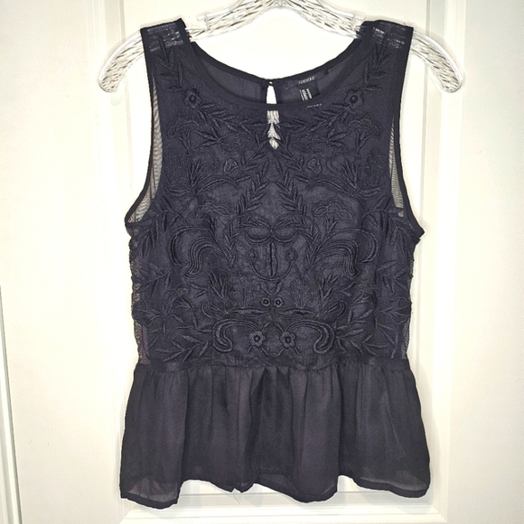Forever 21 Black Glam Embroidered Sheer Sleeveless Fairy Camisole Top Sz Medium - Picture 1 of 15